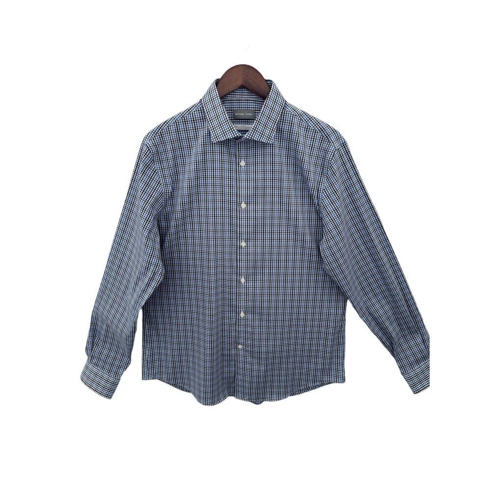 Michael Kors Slim Fit Travel Stretch Button-Up Shirt Size L Blue/White Checkered